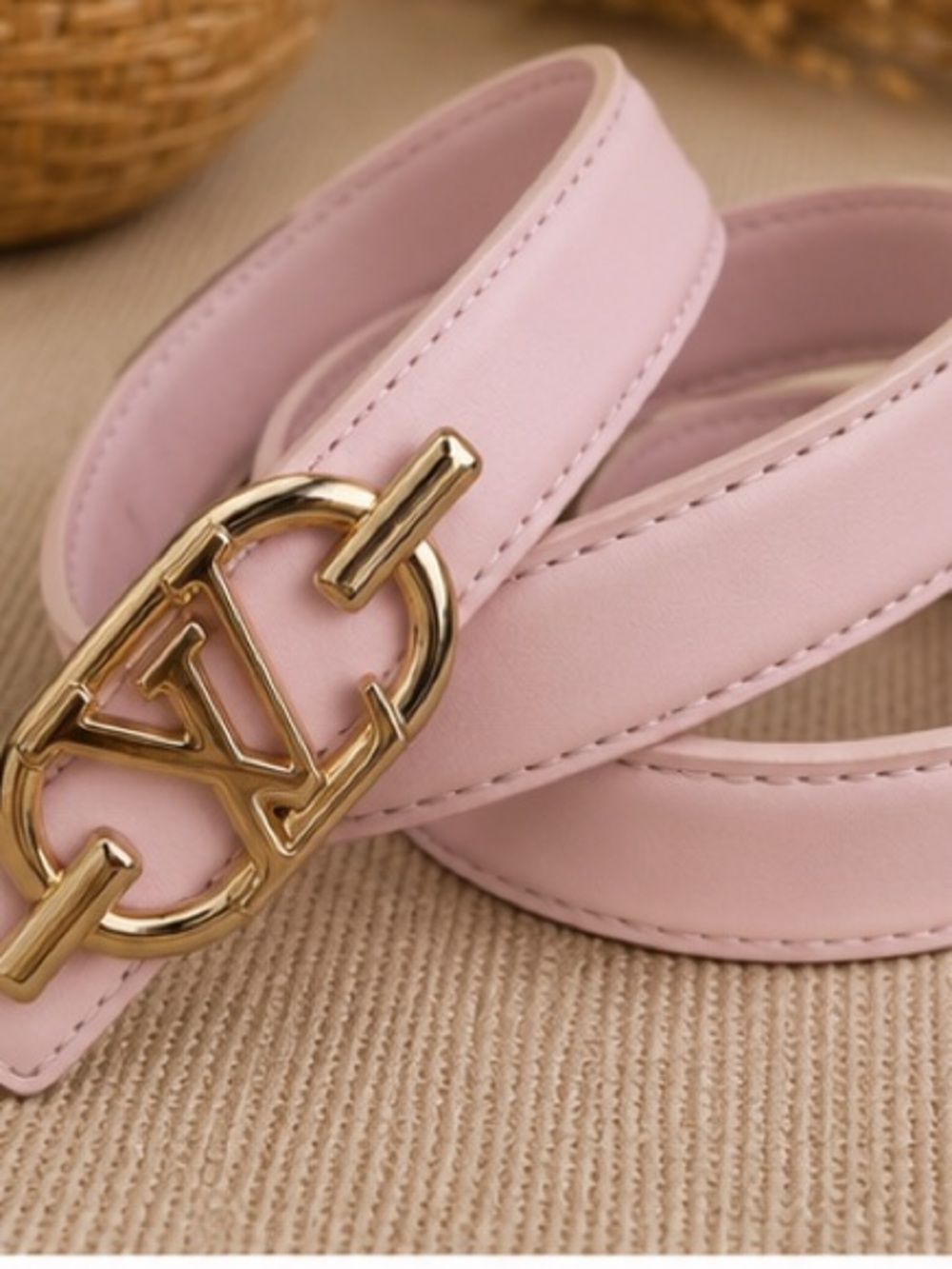 Designer Inspired Blush Pink Leather Belt | Gold Monogram Buckle | Boho Chic 43”
